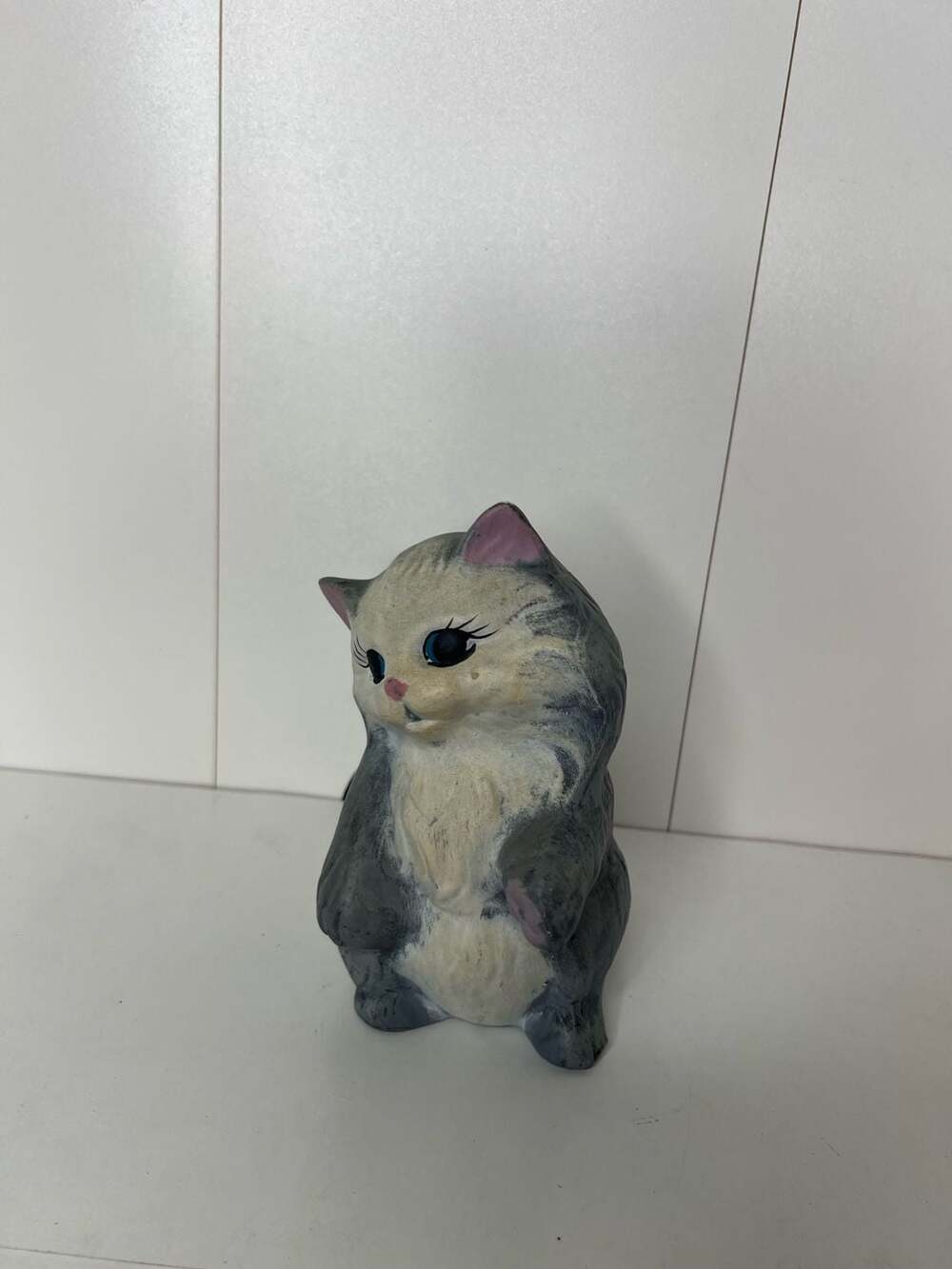 Vintage Mid-Century Hand-Painted Ceramic Persian Kitten Figurine Gray and White